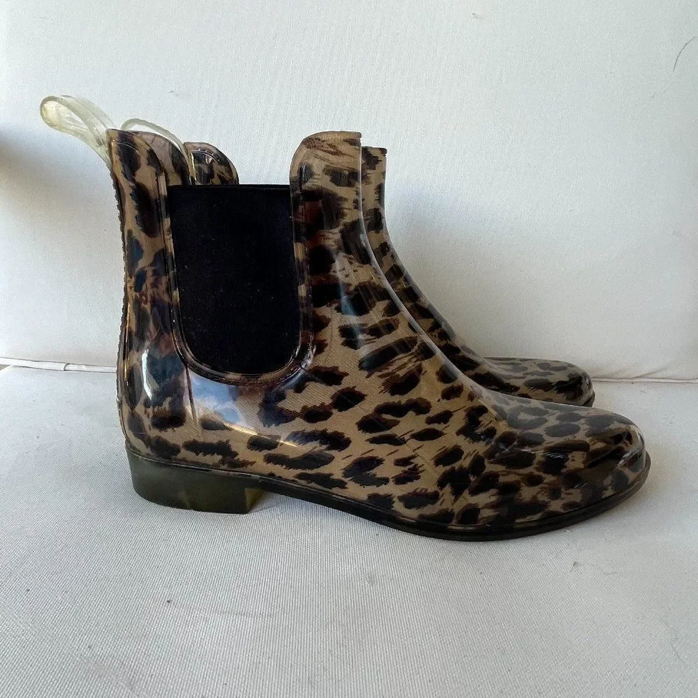 J. Crew Leopard Print Rain Chelsea Boots - Black Elastic